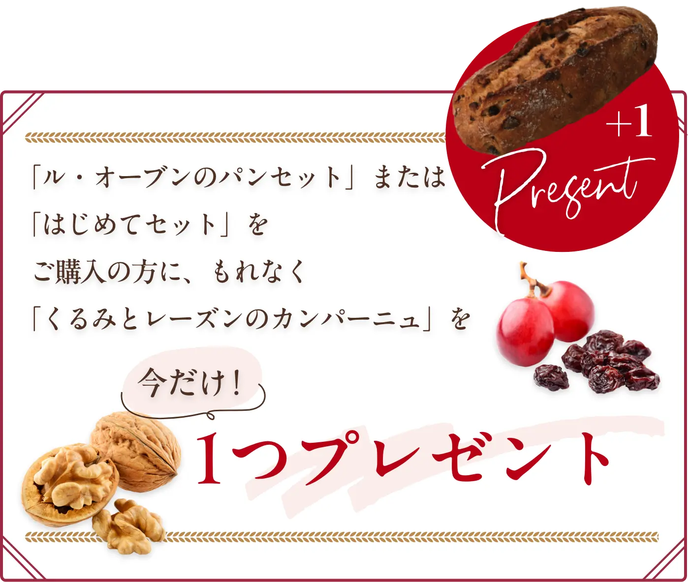 「ル・オーブンのパンセット」または「はじめてセット」をご購入の方に、もれなく「くるみとレーズンのカンパーニュ」を1つプレゼント