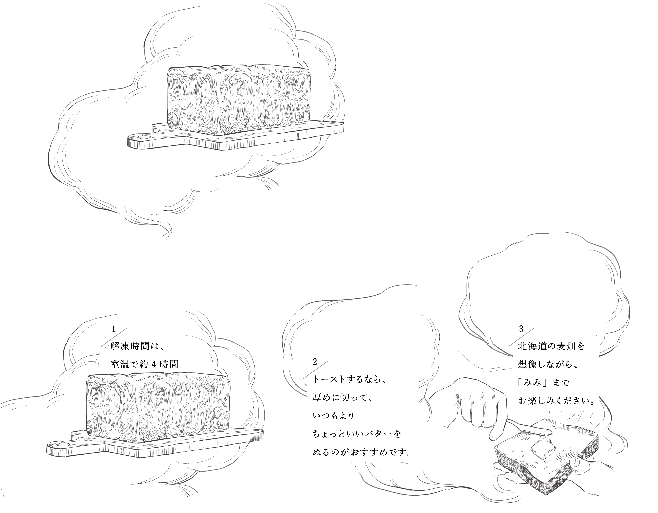 1 解凍時間は、室温で約4時間。2 トーストするなら、厚めに切って、いつもよりちょっといいバターをぬるのがおすすめです。3 北海道の麦畑を想像しながら、「みみ」までお楽しみください。
