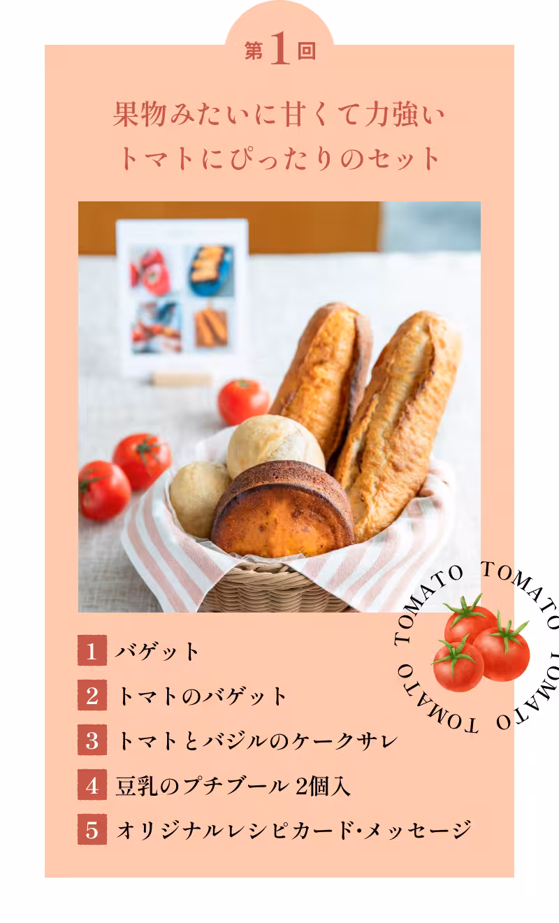 第1回 果物みたいに甘くて力強いトマトにぴったりのセット 1 バゲット 2 トマトのバゲット 3 トマトとバジルのケークサレ 4 豆乳のプチブール2個入 5 オリジナルレシピカード・メッセージ