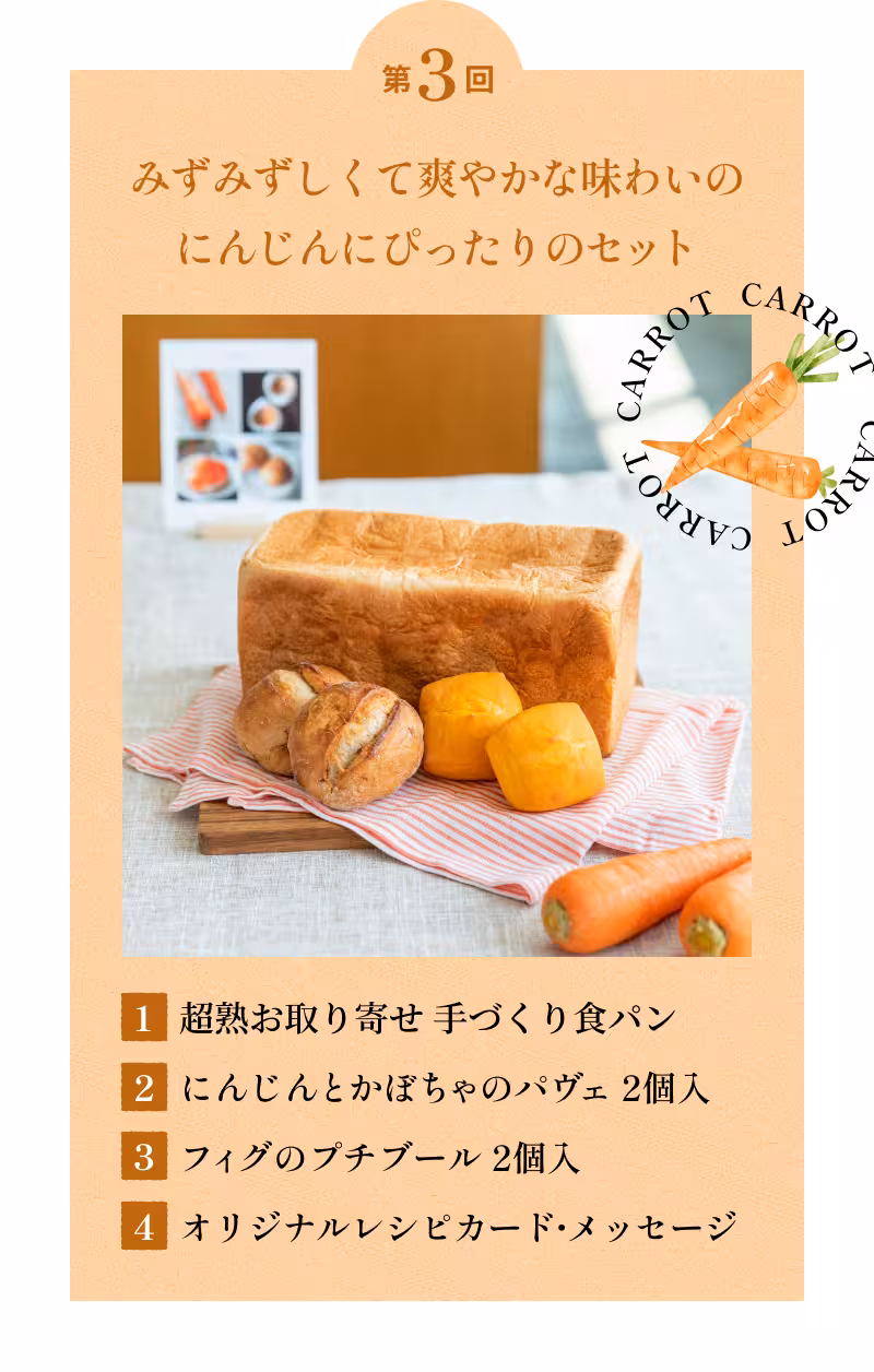 第3回 みずみずしくて爽やかな味わいのにんじんにぴったりのセット 1 超熟お取り寄せ手づくり食パン 2 にんじんとかぼちゃのパヴェ2個入 3 フィグのプチブール2個入 4 オリジナルレシピカード・メッセージ