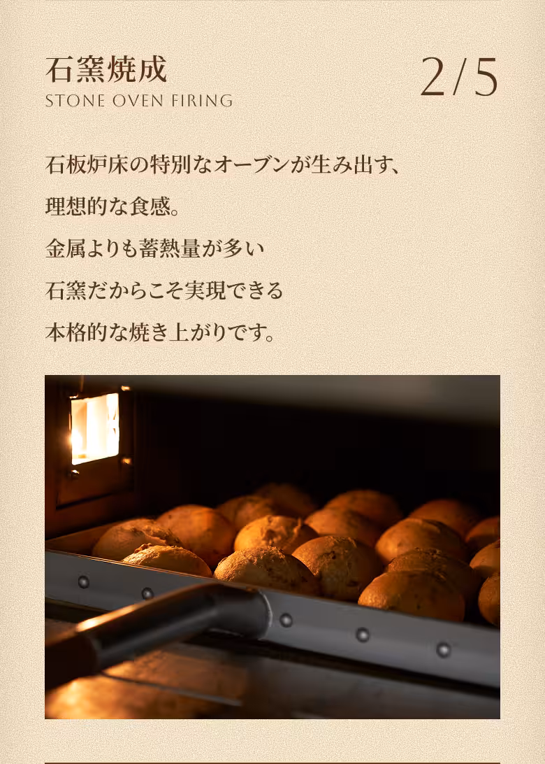 2/5 石窯焼成 STONE OVEN FIRING 石板炉床の特別なオーブンが生み出す、理想的な食感。金属よりも蓄熱量が多い石窯だからこそ実現できる本格的な焼き上がりです。